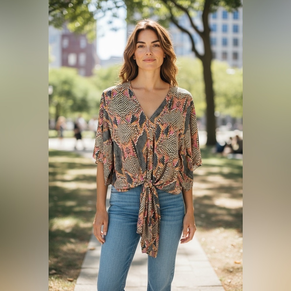 Adrienne Vibrant Patterned V-Neck Blouse NWT Small - Picture 2 of 9